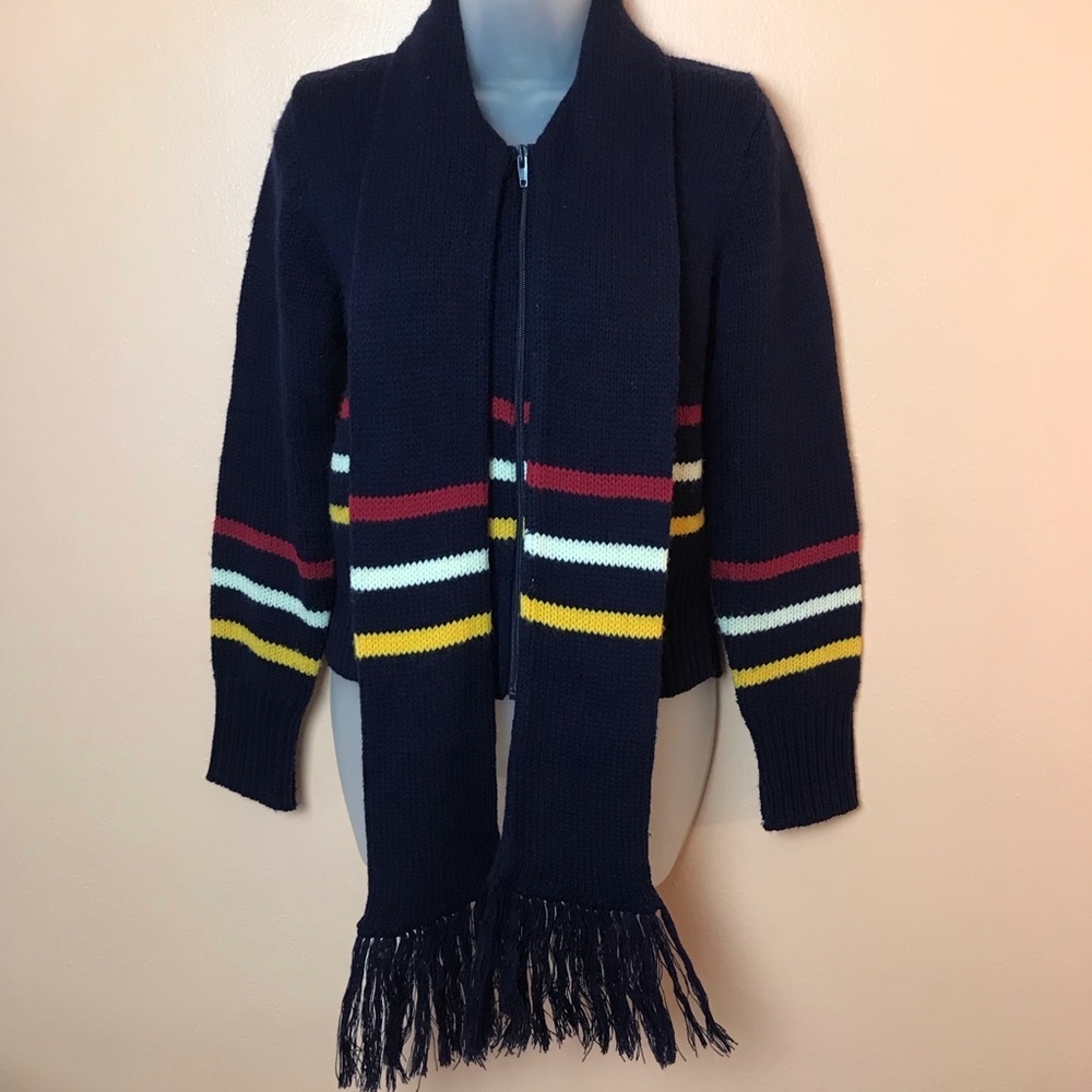 Vintage Zip Front Blue Striped Sweater with Scarf Collar Republic of Korea M